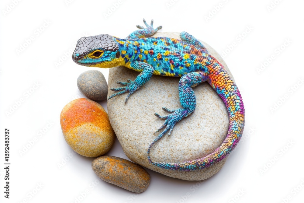 Poster colorful lizard resting on textured rock against white background showcasing vibrant patterns and st