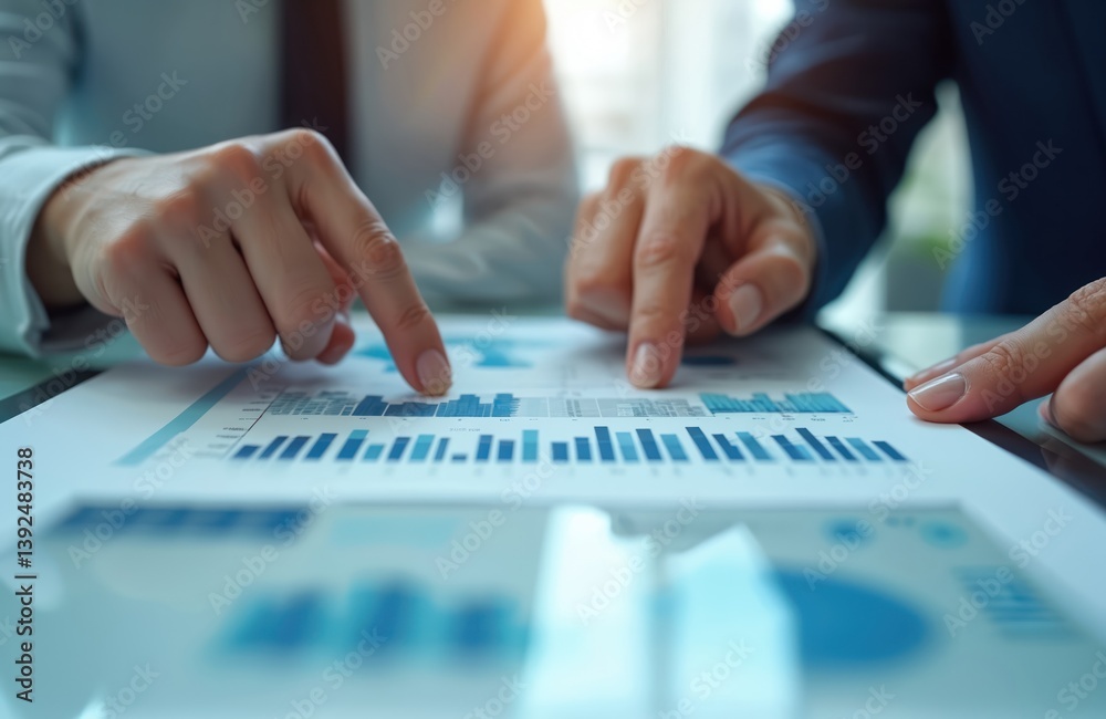 Leinwandbilder Hands pointing at business document with data chart. Teamwork strategy, analysis, planning, innovation in tech. Modern workspace with charts, graphs. Digital interaction, strategic blueprint with