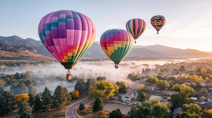 Fototapeta premium Vibrant Hot Air Balloons Grace the Morning Sky Above a Serene Town in a Misty Landscape