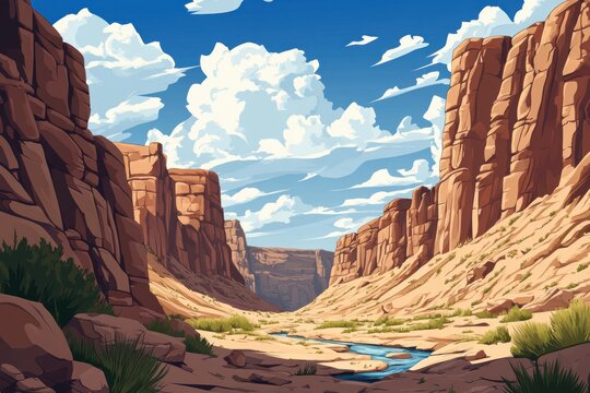 A scenic view of a canyon under a bright blue sky
