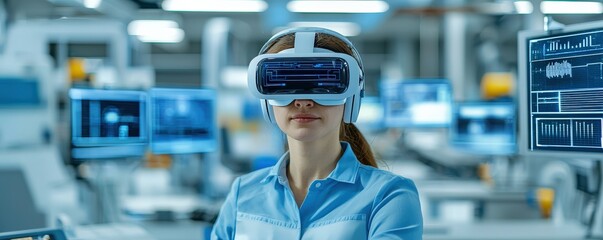 A woman wearing a virtual reality headset stands in a high-tech lab environment, surrounded by multiple screens displaying data and graphics.