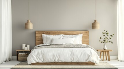 Serene bedroom interior with natural wood accents woven pendant lights and fresh greenery peaceful scene
