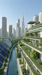 Future eco city solar panels green wall and vertical garden