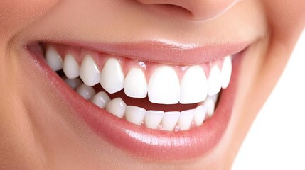 Obraz premium A close-up of a smiling woman showcasing her bright, white teeth, highlighting dental health and beauty.