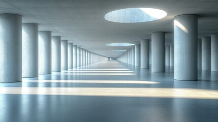 Fototapeta premium Interior view concrete columns lining spacious hall with skylights. Reflections on shiny floor