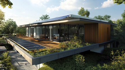Obraz premium Modern eco conscious residence with rooftop solar panels and lush greenery