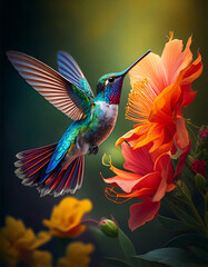 Obraz premium Beautiful vibrant colored hummingbird flying close to an open red flower, bird in nature, wings open in flight.