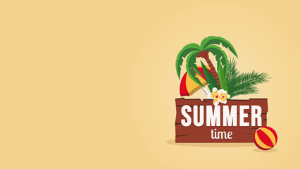A cheerful tropical design with palm trees, beach decor, and the words “SUMMER TIME”. Perfect for summer posters, banners, or promotions.