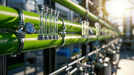A close-up view of vibrant green pipes with metallic fittings, illuminated by sunlight in an industrial setting, showcasing modern infrastructure.