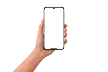 Hand showing smartphone with blank screen isolated. High quality studio shot. Concept for technology, business, finance and advertising.