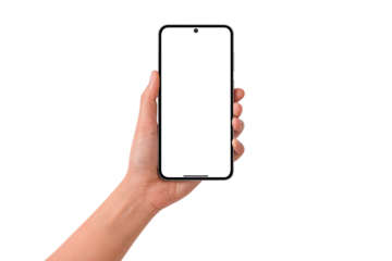 Hand showing smartphone with blank screen isolated. High quality studio shot. Concept for technology, business, finance and advertising.