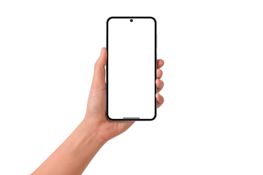 Hand showing smartphone with blank screen isolated. High quality studio shot. Concept for technology, business, finance and advertising.