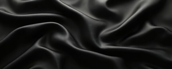 Fototapeta premium Black fabric background with copy space. Elegant flowing silk texture. Shiny draped material. Decorative design template wallpaper. Luxurious fashion backdrop.
