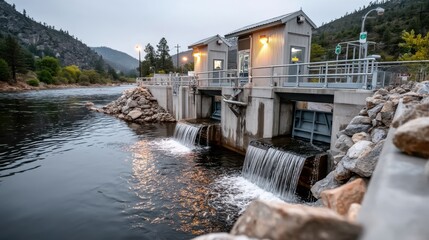 Obraz premium Dusk at the Hydroelectric Dam, A Serene Look at Water Power's Essential Role in Energy Generation