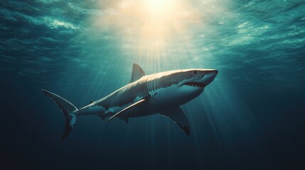 Obraz premium Great white shark swimming in ocean depths underwater serene scene