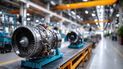 Fototapeta premium Precision Engineering, Jet Engines in a Modern Manufacturing Plant Showcasing Advanced Technology and Industrial Craftsmanship