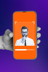 Poster sketch image artwork 3D photo collage of hand hold smartphone display portrait man posing surveillance hacker data scrutiny safety