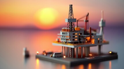 A miniature oil rig model against a colorful sunset, showcasing intricate details of the structure and equipment.