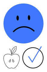 Blue sad face expressing emotion, minimal apple outline symbolizing health, and a bold checkmark in a circle for decision-making. Ideal for mental health, emotions, choices, decision-making