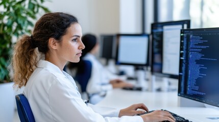 Skilled technician working in a modern network operations center, focused on monitoring and analyzing complex data with advanced technology.