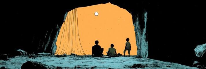 Silhouettes of people in a cave at dawn