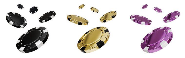 set of casino gamble betting poker chip coin game gold black purple 3d render illustration element
