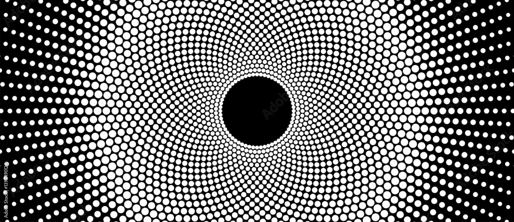 Poster Halftone round as icon or background. Sun concept. Abstract vector circle frame with dots as logo or emblem. White dots on a black background.