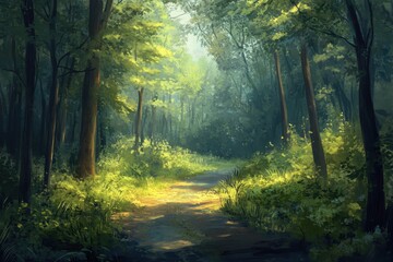 Fototapeta premium A Sunlit Path Through a Lush Green Forest