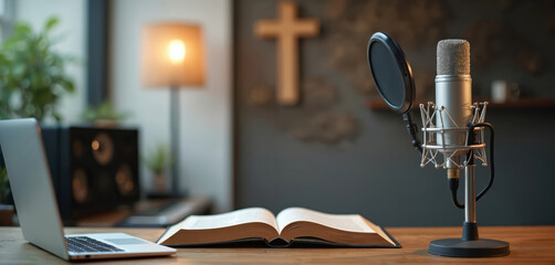 Podcast studio interior with microphone open bible laptop cross. Preacher reads bible online records podcast, christian radio broadcast. Faith, religion, worship.