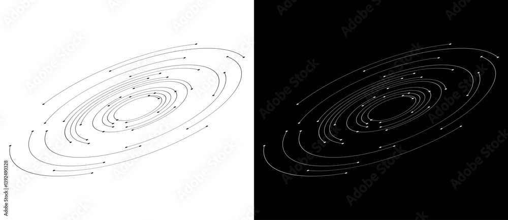 Poster Dynamic lines and dots in perspective. Spiral like big data, speed or space concept. Black shape on a white background and the same white shape on the black side.