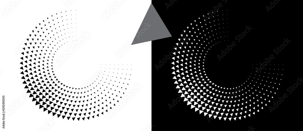 Poster Abstract background with triangles in circle. Art design spiral as logo or icon. A black figure on a white background and an equally white figure on the black side.