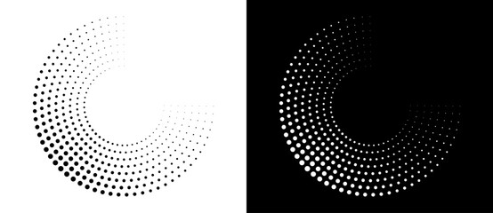 Modern abstract background. Halftone dots in spiral form. Round logo, design element or icon. Vector dotted frame. A black figure on a white background and an equally white figure on the black side.