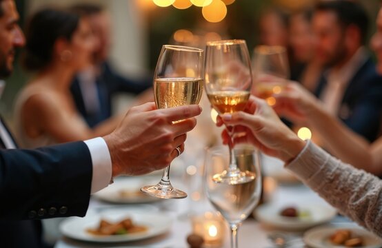 People celebrate success, achievement with dinner party. Group raise champagne glasses for toast. Elegant event with friends, family at luxury fine dining restaurant. Cheers to business teamwork,