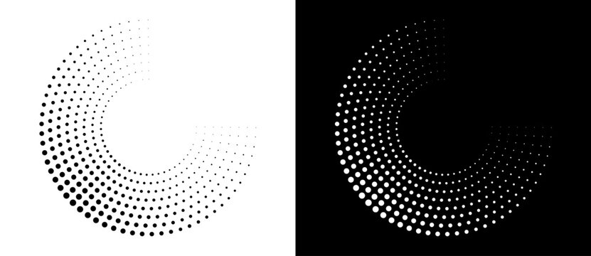 Modern abstract background. Halftone dots in spiral form. Round logo, design element or icon. Vector dotted frame. A black figure on a white background and an equally white figure on the black side.