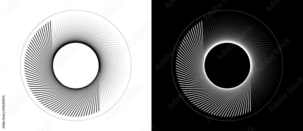 Poster art sun concept background. tattoo template or logo with lines. black shape on a white background an
