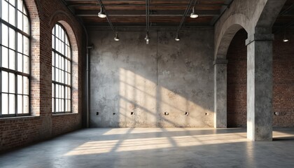 Obraz premium Empty industrial grunge loft interior with old brick walls big windows. Concrete columns, ceiling lights. Daylight fills room. Background for interior design. Ideal for product placement