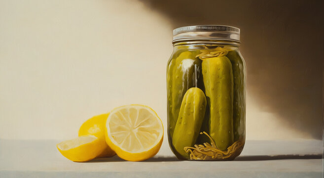 Pote de picles com picles e um lim&atilde;o