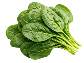 A bunch of fresh green spinach leaves with detailed veins, isolated on a transparent background, PNG file.