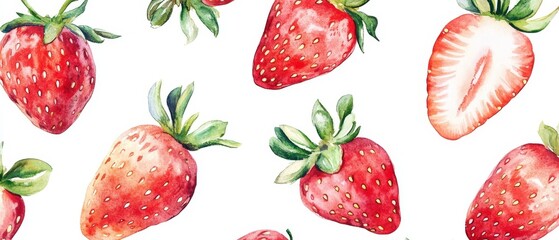 A watercolor painting of strawberries and strawberry slices