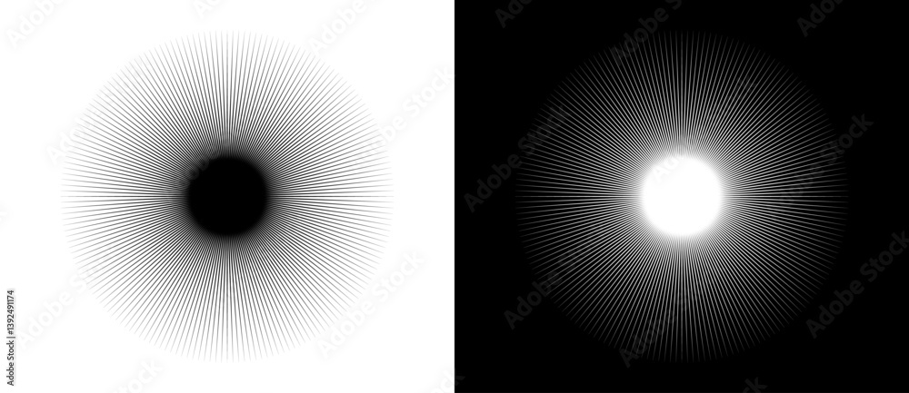 Poster Art sun background. Design element template or logo, icon with lines. Black shape on a white background and the same white shape on the black side.