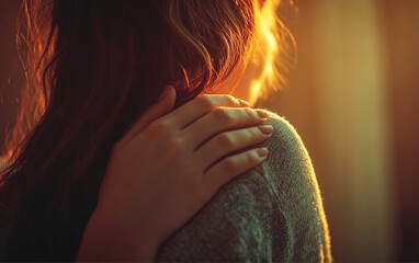 A friend puts a comforting hand on another's shoulder against a soft background, offering support and empathy.