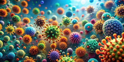 Fototapeta premium A colorful cluster of viruses and microorganisms in a cellular landscape with different shapes and sizes forming intricate patterns amidst an ocean of liquid , cellular landscape, microorganisms