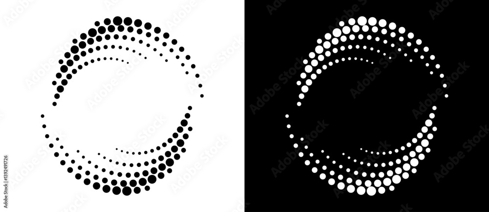 Poster Circle abstract background with dynamic halftone dots in spiral. Yin and yang style. Black shape on a white background and the same white shape on the black side.