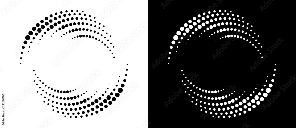 Leinwandbilder Circle abstract background with dynamic halftone dots in spiral. Yin and yang style. Black shape on a white background and the same white shape on the black side.