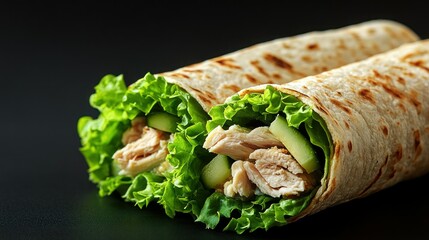 Two chicken wraps with lettuce, cucumber, and avocado