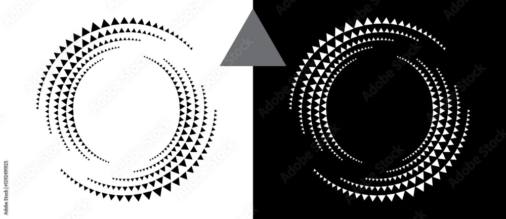 Poster Abstract background with triangles in circle. Art design spiral as logo or icon. A black figure on a white background and an equally white figure on the black side.