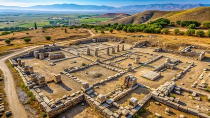 Obraz premium Ancient structures with mysterious symbols and artifacts scattered around a vast open area