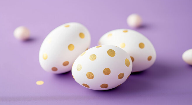 Ovos de P&aacute;scoa brancos com bolinhas douradas em um fundo de lavanda, tema de decora&ccedil;&atilde;o de feriado