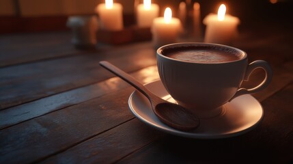 Cozy coffee cup on a wooden table surrounded by flickering candles at night