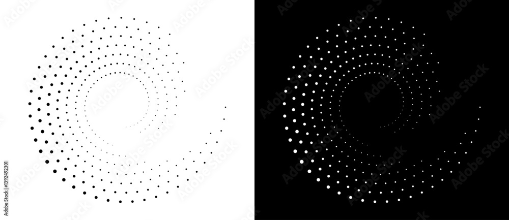 Aufkleber Modern abstract background. Halftone dots in spiral form. Round logo, design element or icon. Vector dotted frame. A black figure on a white background and an equally white figure on the black side.